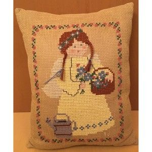 Completed Cross Stitch Pillow Angel Flower  Basket 14x11 Fabric Backing Handmade